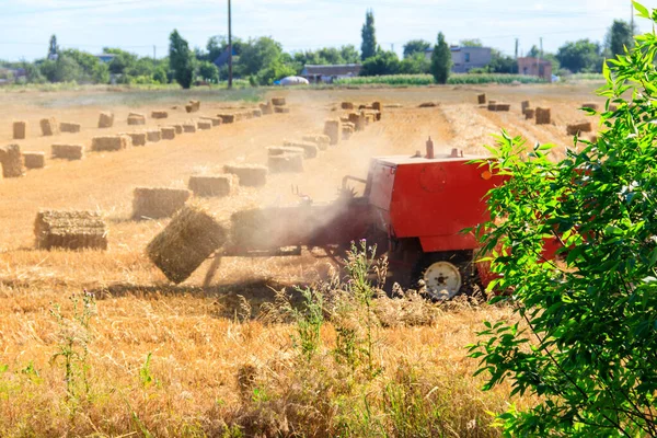 Rectangular Baler Discharges Straw Bale Field Harvesting Process — Stock Photo, Image
