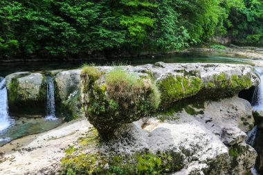 Georgia 'daki Martvili Kanyonu. Dağ nehri manzaralı güzel doğal kanyon Abasha