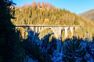 Wiesen Viyadük manzarası, Rhaetian demiryolu, kışın İsviçre Graubunden.