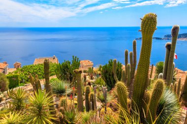 Akdeniz kıyılarının manzarası, ortaçağ evleri ve Fransız Rivierası 'ndaki Eze köyünün tepesinden gelen egzotik bahçeler.