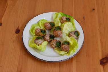 Salyangoz de Bourgogne (salyangoz) tereyağı, maydanoz, ahşap masada sarımsak