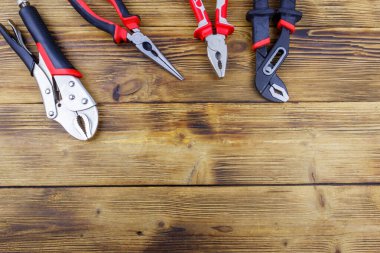 Ahşap arka planda farklı kerpeten seti. Üst görünüm, alanı kopyala