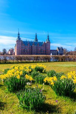 Danimarka Hillerod 'daki Frederiksborg şatosunun manzarası. Güzel bir göl ve bahçe, ön planda da timsahlar ve nergisler var.