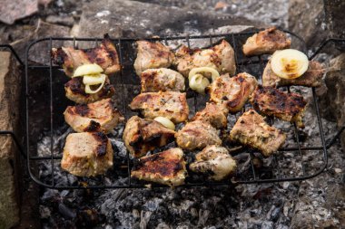 Izgarada domuz eti kızartılıyor. Kömürde et, barbekü yakın.