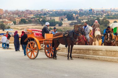 Kahire, Mısır - 8 Aralık 2018: Mısır 'ın Kahire kentinde Giza piramitleri yakınlarında at arabası süren turistler
