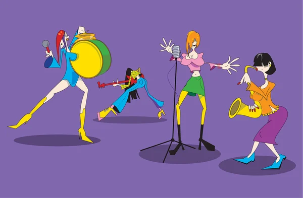 De gestileerde afbeelding van een cartoon vrouwelijke music group. — Stockvector