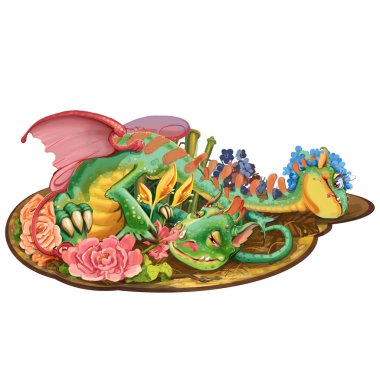 Dragon with two heads who loves flowers clipart