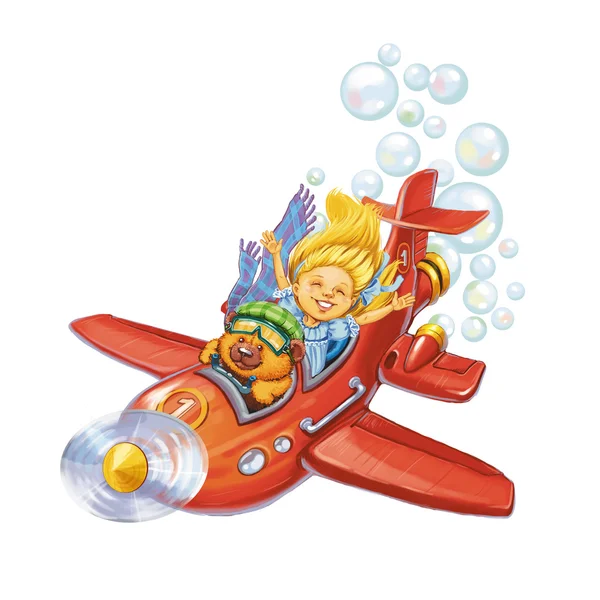 Medvěd a holčička cestovat letadlem. — Stock fotografie