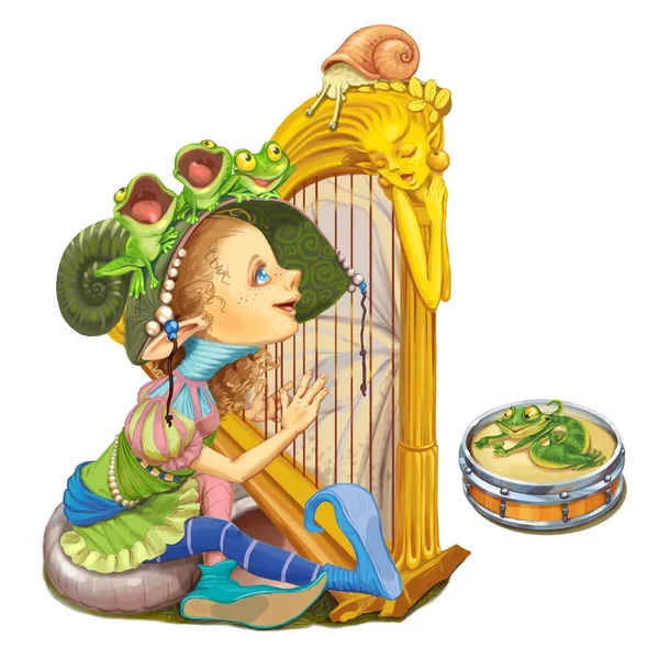 Elf from the fairy tale plays a harp. — Stock Photo, Image