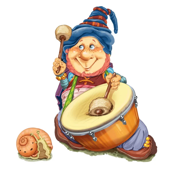 Elfo con un caracol toca un tambor . —  Fotos de Stock