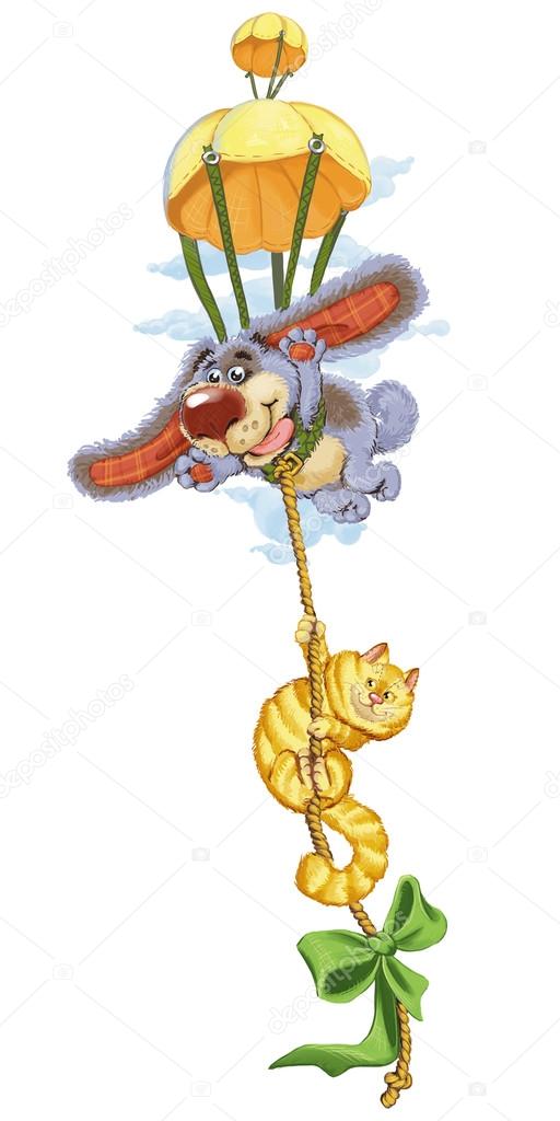 Cartoon cat and dog travel on a special parachute