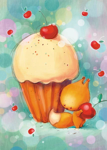 Little squirrel gives cake and cherry — 스톡 사진