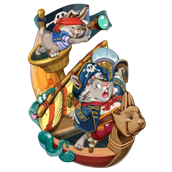 Cartoon hares pirates go on a boarding. — ストック写真