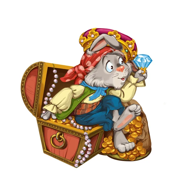 Cartoon hare pirate sits on a chest with jewelry. — Stok fotoğraf