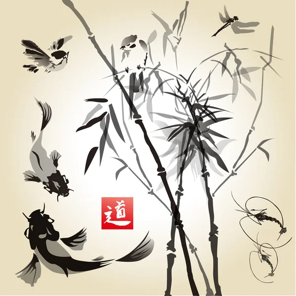 Tarjeta con bambú en el pájaro y pescado — Archivo Imágenes Vectoriales