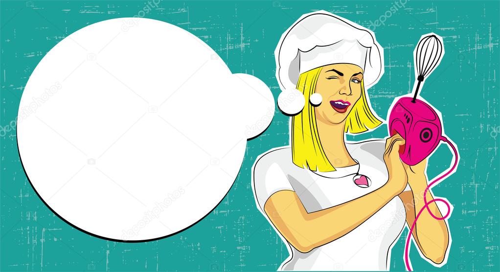 Woman With Mixer for Cooking and Speech Bubble.
