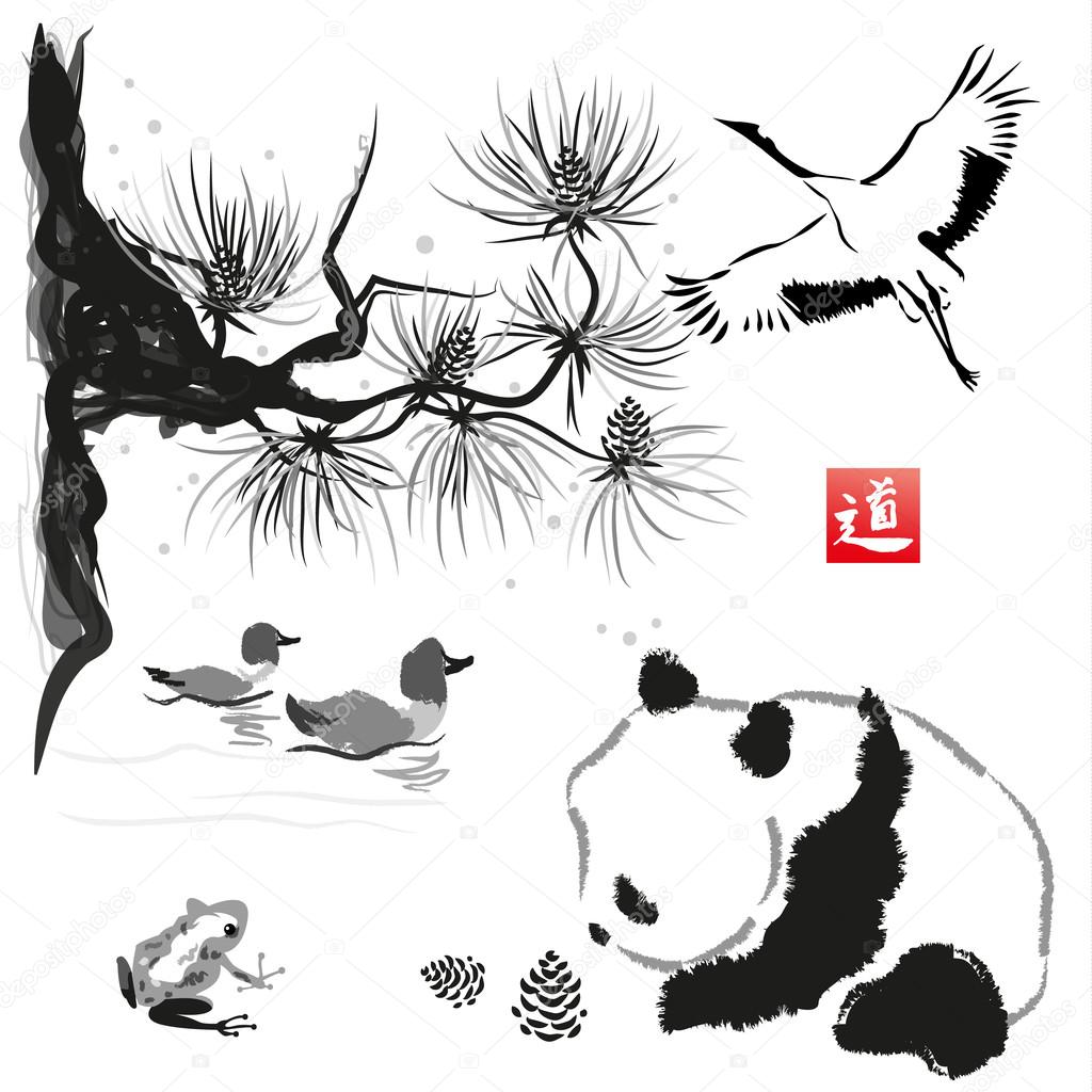 Card with cedar in the bird and panda bear