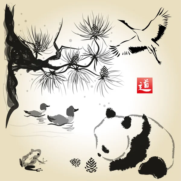 Kaart met ceder in de vogel- en panda bear — Stockvector