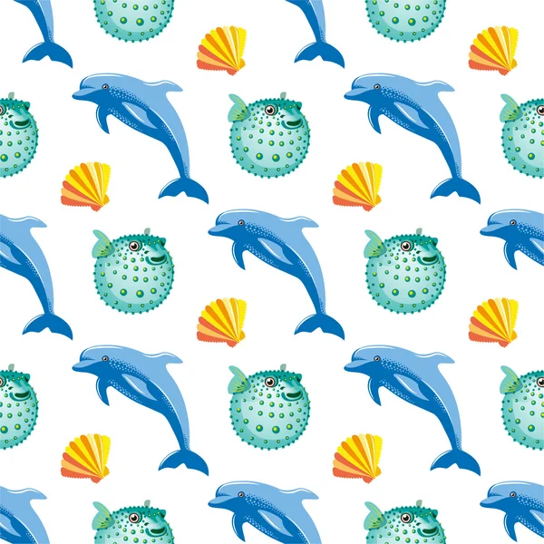 Χωρίς ραφή πρότυπο με τους δελφινιών και ψαριών κοραλλιών μπάλα — Διανυσματικό Αρχείο