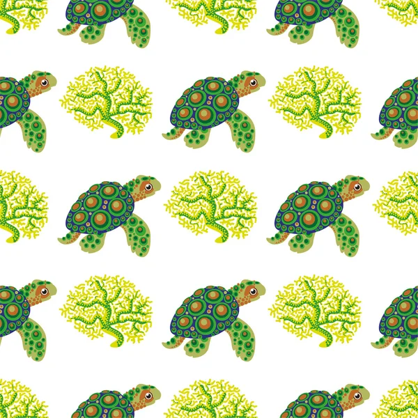 Naadloze patroon met tropische turtle en koraal — Stockvector