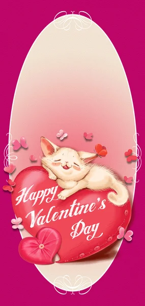 Kırmızı bir yastık - kalp, kart Valentine's Day yalan kedi — Stok fotoğraf