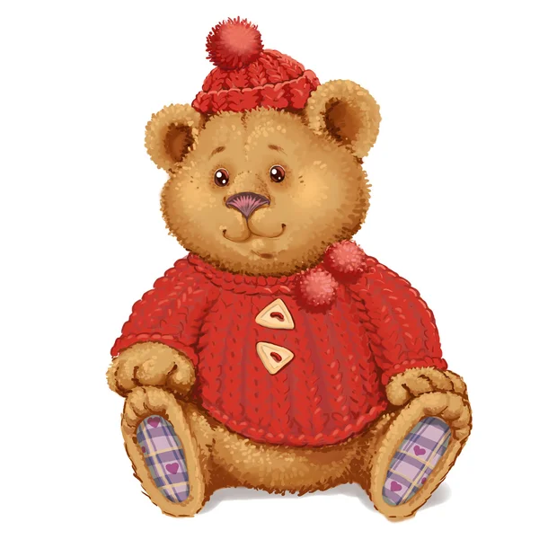 Plüsch-Teddybär in rotem Pullover und Hut — Stockfoto