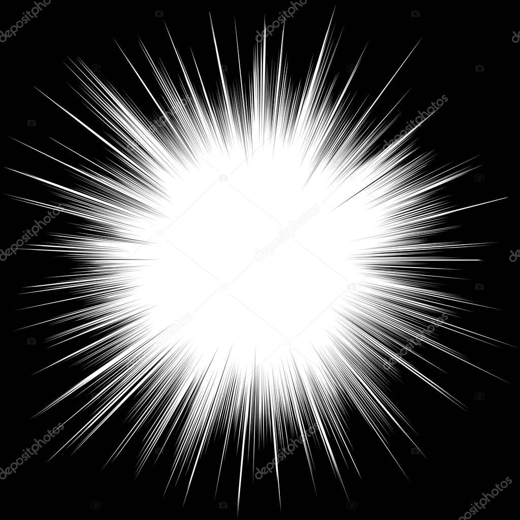 Comic book black and white radial lines background Sun ray or star burst element Zoom effect Square fight stamp for card Manga or anime speed graphic texture Superhero frame Explosion vector illustration