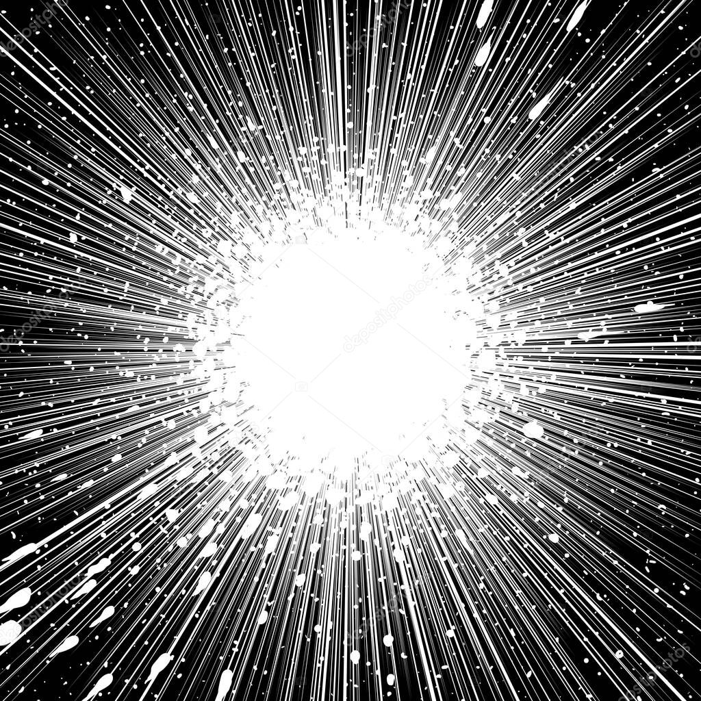 Comic book black and white radial lines background with grunge spots Sun ray or star burst element Zoom effect Square fight stamp for card Manga or anime speed graphic texture Superhero frame Explosion vector illustration 
