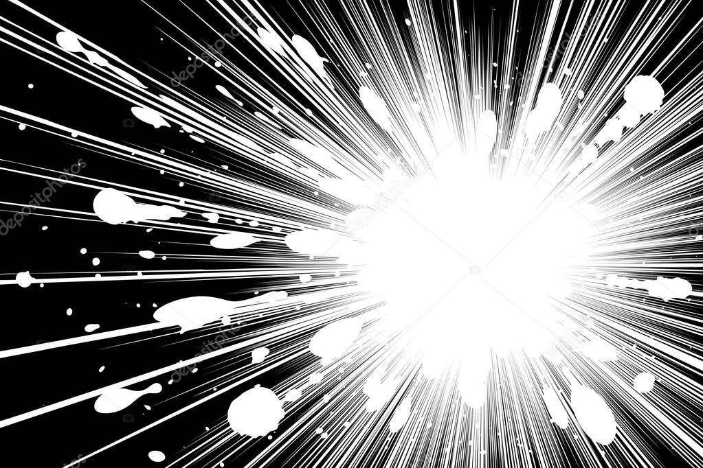 Comic book black and white radial lines background with grunge spots Sun ray or star burst element Zoom effect Rectangle fight stamp for card Manga or anime speed graphic texture Superhero frame Explosion vector illustration 
