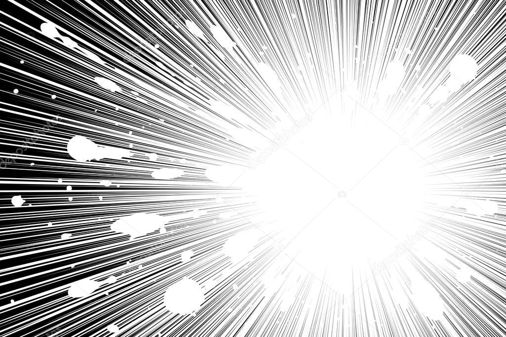 Comic book black and white radial lines background with grunge spots Sun ray or star burst element Zoom effect Rectangle fight stamp for card Manga or anime speed graphic texture Superhero frame Explosion vector illustration 