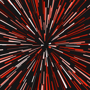 Siyah arkaplan üzerinde radikal kırmızı konsantre parçacıklar ya da yıldız patlaması elementi Zoom etkisi Kart ışık izi için kare dövüş damgası Süper kahraman çerçeve Patlama vektör çizimi 