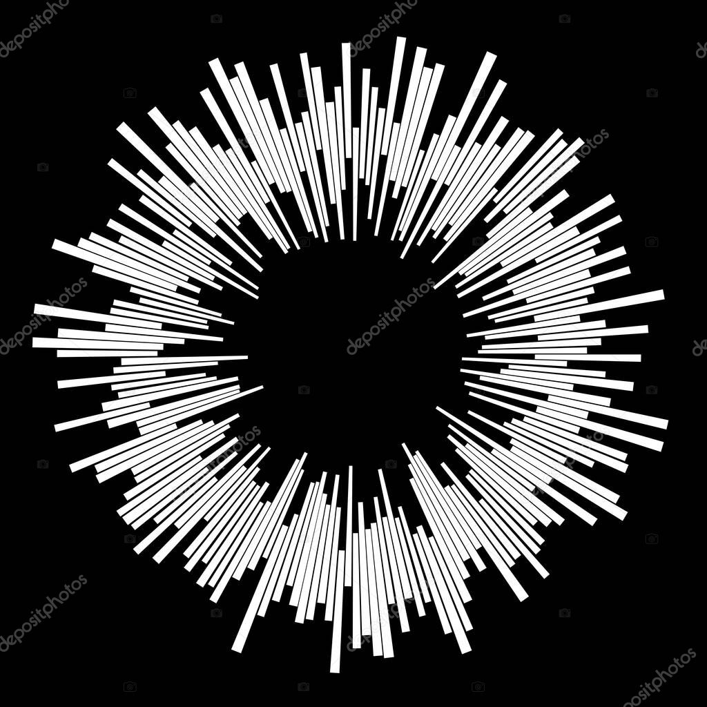 Radial white concentric particles on black background Sound wave Sun ray or star burst element Zoom effect Square fight stamp Superhero frame Waveform Circle vector background Line texture 