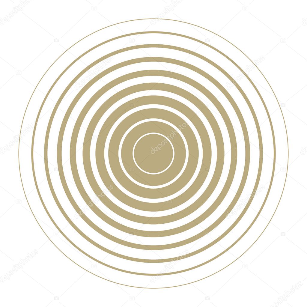 Gold and white rings. Sound wave wallpaper. Radio station signal. Circle spin vector background. Line texture. Target