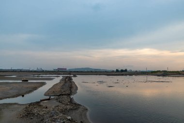 Tuzlu alkali topraklarda birikmiş bir yol, tuz göleti.