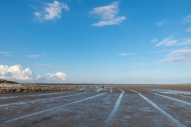 Mavi gökyüzünün ve beyaz bulutların altındaki kumsal, bereketli kara toprak.