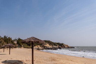 Yazın kumsalda çim şemsiyeler var.