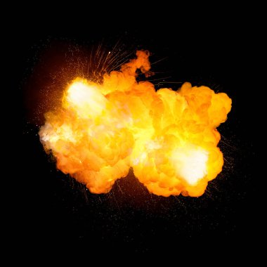 Alevli ultra parlak bomba patlaması, siyah arka planda izole edilmiş kıvılcımlı turuncu renk ve duman