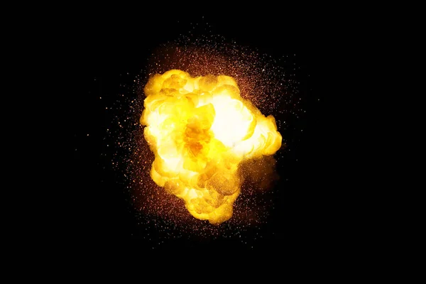 発射超明るい爆弾爆発 黒い背景に隔離された火花と煙とオレンジの色 — ストック写真