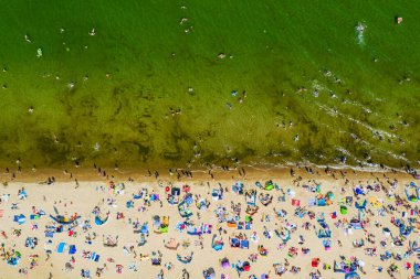 Yaz mevsiminde yukarıdan aşağıya havadan bakıldığında kalabalık bir plaj.