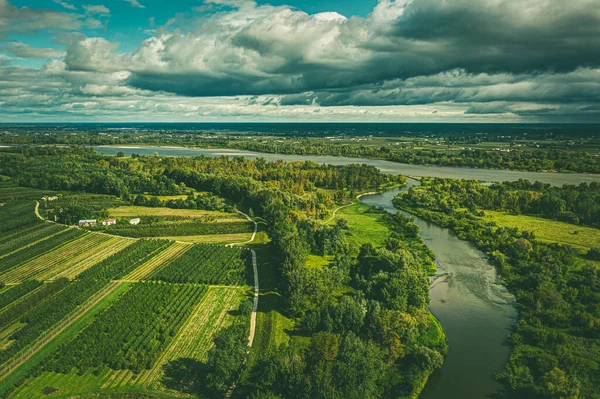 Fields Vistula River Moody Cloudy Sky — Φωτογραφία Αρχείου