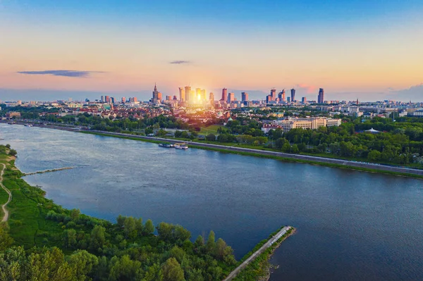 Aerial View Warsaw City Center Vistula River Evening — Stock Photo, Image