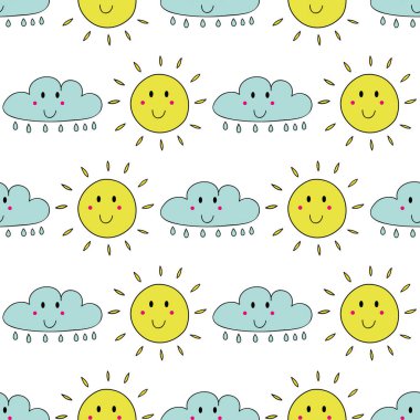 Vector beyaz mutlu gün güneşi ve yağmurun pürüzsüz desen arka planı. Kumaş, hatıra defteri ve duvar kağıdı projeleri için mükemmel..