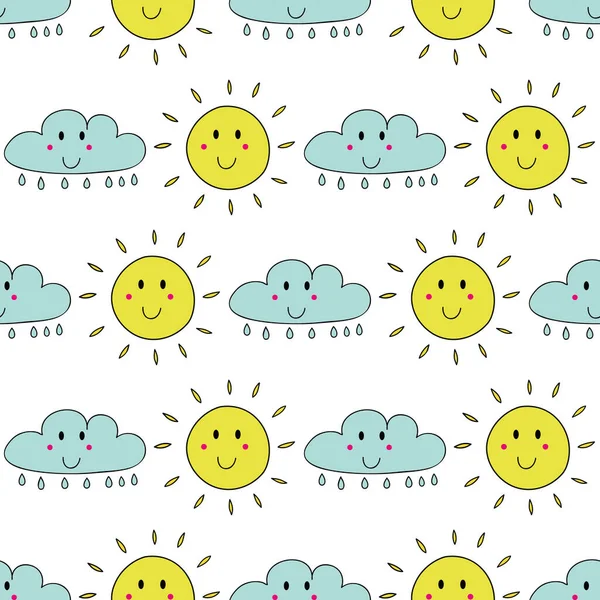Vector beyaz mutlu gün güneşi ve yağmurun pürüzsüz desen arka planı. Kumaş, hatıra defteri ve duvar kağıdı projeleri için mükemmel..