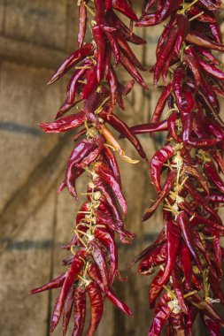 Ahşap arka plan üzerinde sıcak biber dizi