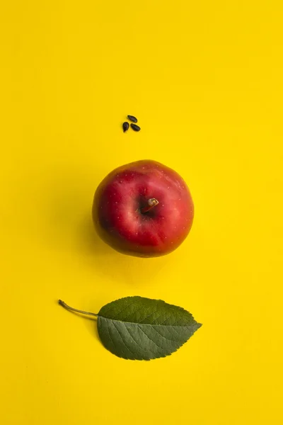 Красное яблоко, лист и семена на желтом фоне Лицензионные Стоковые Фото