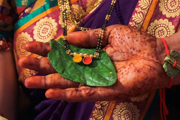 Beautiful Ceremony With Sacred Indian  Necklace. Mangalsutra Ceremony. Symbol of Married Woman. Marathi Wedding. Maharashtra Wedding Ceremony. Indian Culture. Maharashtra culture