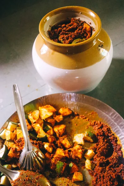Golden Marinate Green Mango Pickle Indian Kitchen — Stock Photo, Image