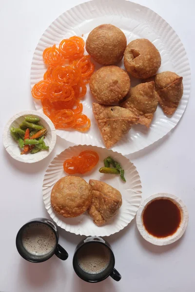 Hot Kachori Samosa Jalebi Hete Kop Koffie — Stockfoto