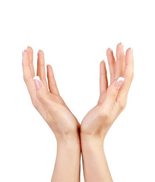 Belas mãos de mulher com manicure francês . — Fotografia de Stock