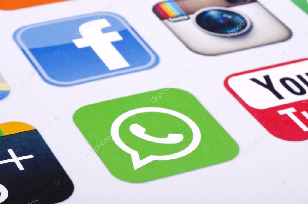 KIEV, UKRAINE - MAY 13, 2015: Popular social media Facebook, instagram, WhatsApp, and others logos printed on paper.